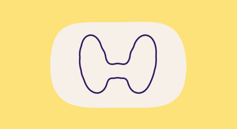 Hand-drawn illustration of a thyroid gland, illustrating a Virtual Hallway clinical stories case study on incidental thyroid nodules and endocrinology consultation.