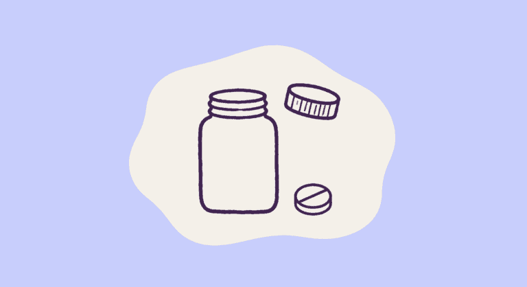 Hand-drawn illustration of an open pill bottle with a single pill beside it, illustrating a Virtual Hallway clinical stories case study on treatment-resistant depression and psychiatric medication management.